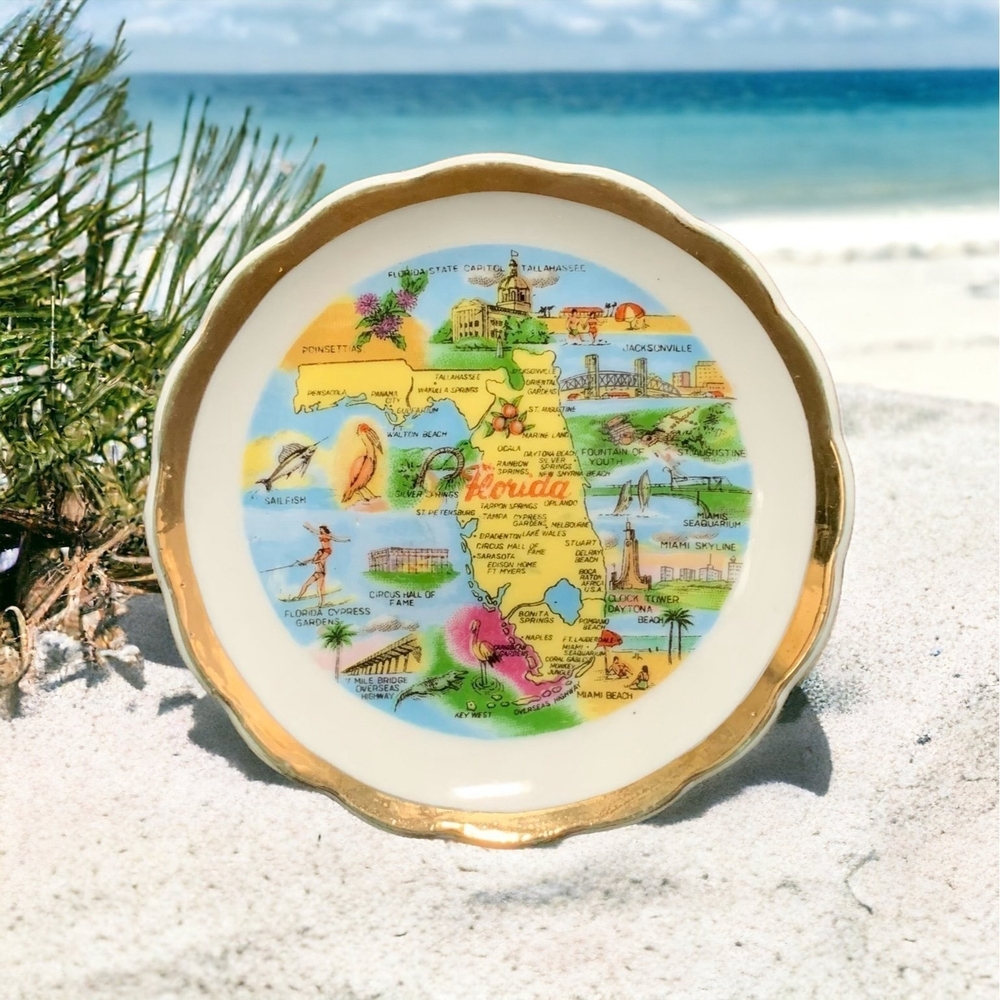 Florida Map Souvenir Plate 3.5" Ceramic Multicolored Collectible Miniature Gift